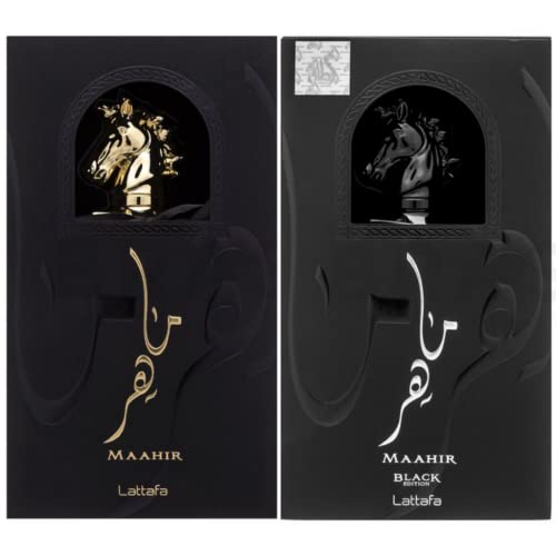 Lattafa Maahir 2-Piece Set for Unisex, (3.4 Oz Maahir Eau De Parfum Spray + 3.4 Oz Maahir Black Edition Eau De Parfum Spray)