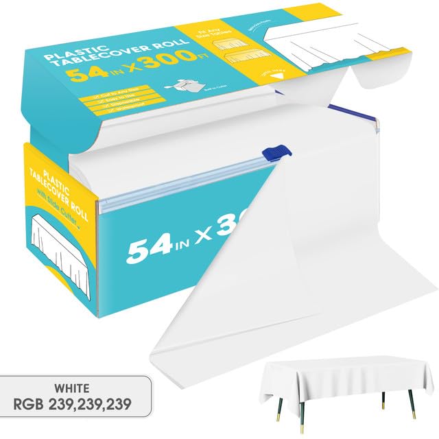 Niuara White Plastic Table Cover Roll - 54IN x 300FT, Table Cloth for Rectangle Table with Slide Cutter, Plastic Table Cloth Disposable with Cut-to-Size Design for Weddings, Banquets, Parties