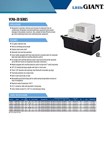 Little Giant VCMA-20ULST 230 Volt, 80 GPH, 1/30 HP Automatic Condensate Removal Pump with Safety Switch and Tubing, White/Black, 554461