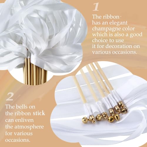 Chalyna 100 Pieces Lace Ribbon Wedding Sticks Colorful Ribbon Streamers Party Streamers with Bells Silk Fairy Stick Wands for Wedding, Party, Holiday, Activities(White)