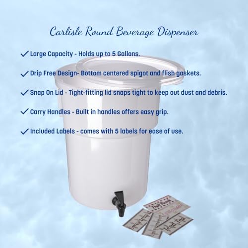 Carlisle FoodService Products Round Beverage Dispenser Drink Dispenser with Spigot for Catering, Plastic, 5 Gallons, White