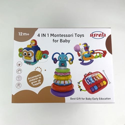 usrela 4 in 1 Baby Toys for 6 12 18 Month, Learning Toys for Babies 6-12 Months, Busy Cube, Stacking Sorter, Piano Xylophone Pull String Travel Toy, Birthday Gifts for Toddlers 1 2 Years Old