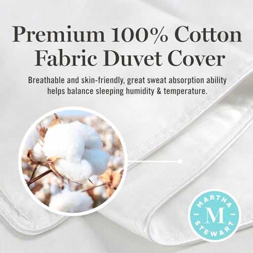 Martha Stewart Goose Feather Down Fiber Cotton Comforter Queen Size, Feather Duvet Insert Queen, Hotel Collection Hypoallergenic Comforter 80oz Extra Warmth 90 x 90 Inch White