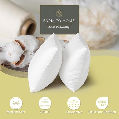 Farm To Home Organic Pillows King Size Set of 2, 100% Organic Cotton Cover, Down Alternative Hotel Quality Soft Bed Pillow for Back & Side Sleepers, Machine Washable, 20"x36", White