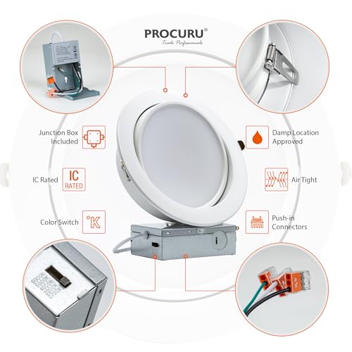 PROCURU [4-Pack] 6-Inch Gimbal Heavy Duty 12W (7" Trim) LED 2700K-6000K 5CCT Adjustable, Rotate & Swivel Ultra-Thin Recessed Ceiling Downlight, Dimmable, AirTight IC Rated (VGB6-5W3-4P)