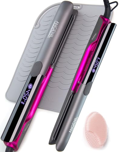 ANGENIL Professional Titanium Flat Iron Hair Straightener and Curler 2 in 1, Dual Voltage Hair Straighteners for Women, 20S Fast Heating Flat Iron 1-inch with Anti-scalding and Anti-Slip Silicone Mat