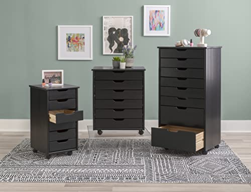 Linon Corinne Black Six Drawer Wide Rolling Storage Cart
