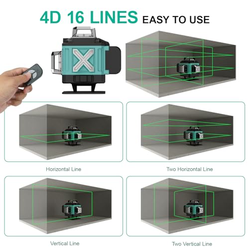 16 Lines Laser 360 Level Self Leveling, 4x360° Professional 4D Green Cross Line laser Level for Construction and Picture Hanging with 2 Batteries,Magnetic Bracket & Remote Control