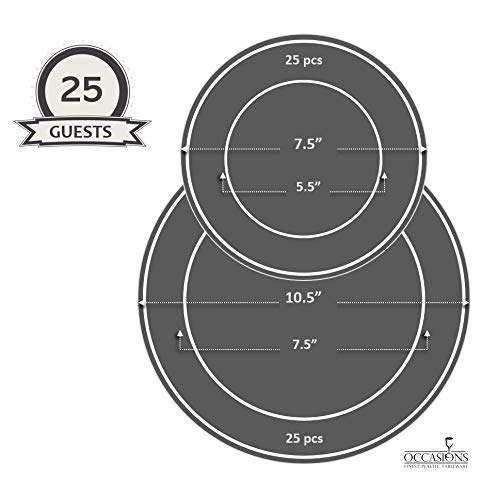 " OCCASIONS " 50 Plates Pack (25 Guests)-Heavyweight Wedding Party Disposable Plastic Plate Set -25 x 10.5'' Dinner + 25 x 7.5'' Salad/dessert plates (Louvre in White w/Blue & Gold)