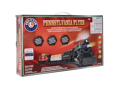 Lionel Battery-Operated Pennsylvania Flyer Freight Toy Train Set with Bluetooth, Locomotive, Train Cars, & Track with Authentic Train Sounds, Lights, & Water Vapor Smoke Effects for Kids 4+