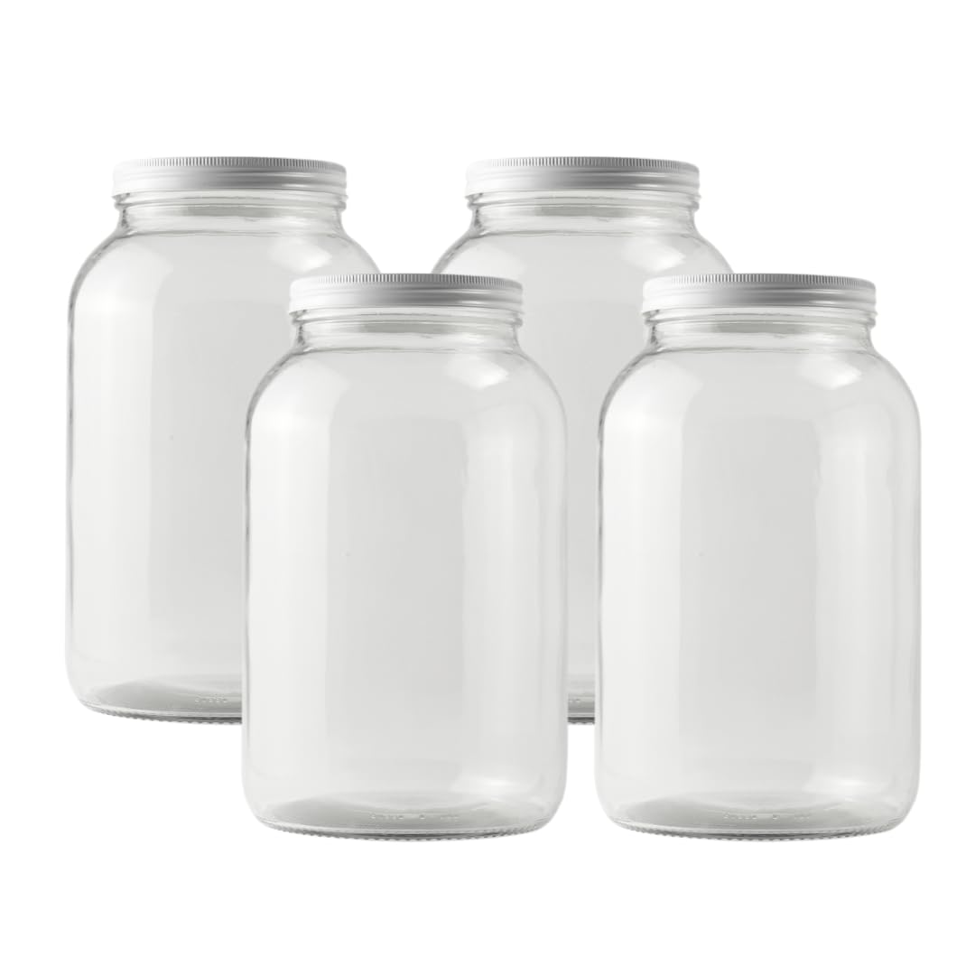 FastRack - One Gallon Wide Mouth Jar with White METAL Airtight Lid (Pack of 4) | Glass Canisters with Airtight Lids | Large Mouth Glass Jar with Fermentation Lid for brewing, fermentation and pickling