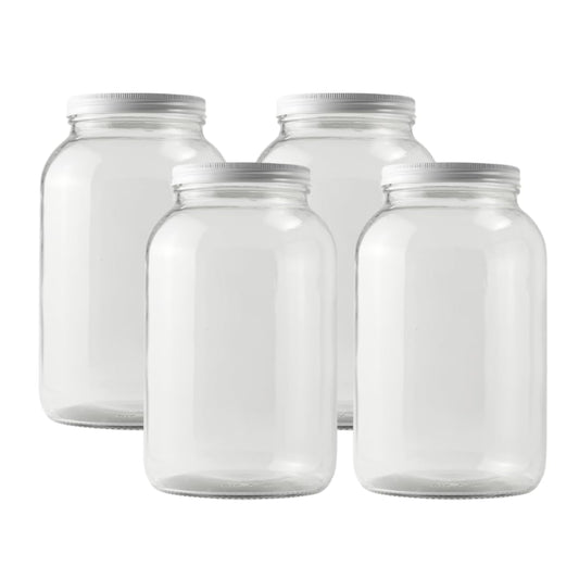FastRack - One Gallon Wide Mouth Jar with White METAL Airtight Lid (Pack of 4) | Glass Canisters with Airtight Lids | Large Mouth Glass Jar with Fermentation Lid for brewing, fermentation and pickling