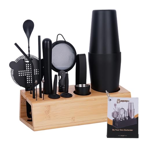 JWJIUEJIU Cocktail Shaker Set, 15-Piece Boston Shaker Bartender Kit, Bar Set Accessories, Professional Bartending Kit Home Black Bar Tools Set with Recipes Booklet (Matte Black, Wood Stand)