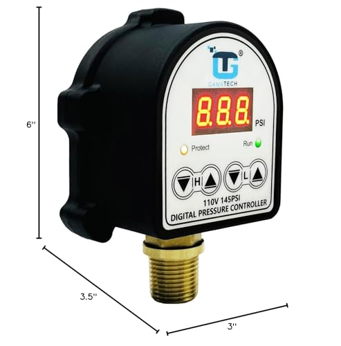 GamaTech Pressure Switch for Water Pump and Air Pump, Digital Adjustable Pressure Controller, 110V, 0-145 Psi, 1/2" Male Npt