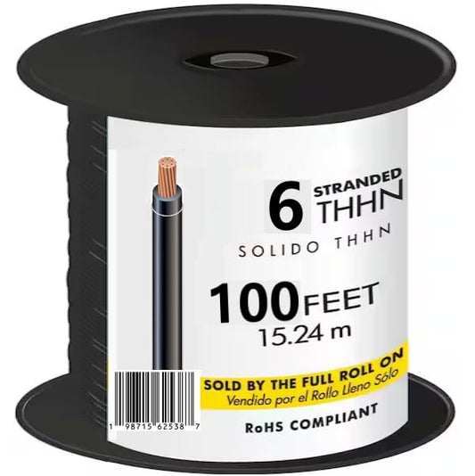 100 FEET 6 AWG 19-Stranded THHN-THWN-2 Copper Building Wire, Black Jacket.