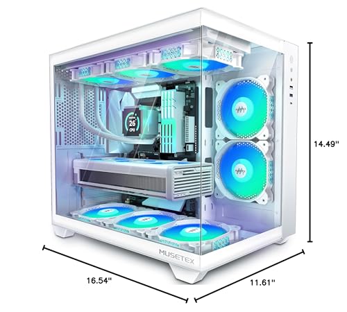 MUSETEX ATX PC Case, 6 PWM ARGB Fans Pre-Installed, 360MM RAD Support, Type-C Gaming PC Case, 270° Full View Tempered Glass Mid Tower, Pure White ATX Computer Case,Y6