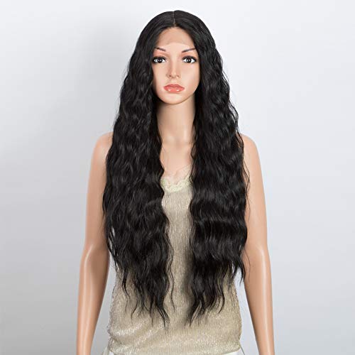 DÉBUT Lace Front Wigs 30 inches Water Wave Super Long Synthetic Wigs with Baby Hair Heat Resistant 240g 6 inches Lace Parting 150% Density (Natural Black)