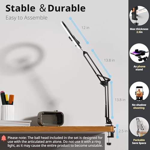 UBeesize 12’’ Ring Light with Overhead Phone Mount, LED Selfie Light with Stand and Phone Holder for iPhone and Laptop, Desk Light for Video Recording, Zoom Meeting, Live Streaming, Tiktok, YouTube