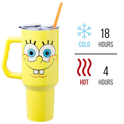 Silver Buffalo SpongeBob SquarePants Stainless Steel Tumbler with Handle, Fits in Standard Cup Holder, 40 Ounces