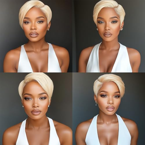 DÉBUT Human Hair Pixie Wig Side Part Lace Front Wigs with Side Fringe Swept Bangs Short Pixie Cut Wig 613 Color