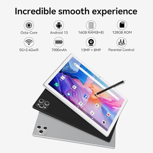 ANTEMPER Android Tablet 10 Inch, 2025 Android 13 Tablets, 128GB Storage+16GB RAM (8+8Virtual), Octa-Core Processor, 5G WiFi Tablet, with Keyboard Mouse Case, 13MP+8MP Camera (Silver)