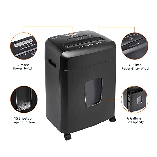 Amazon Basics 15 Sheet - New model Cross Cut Paper and Credit Card CD Shredder With 6 Gallon Bin, Black