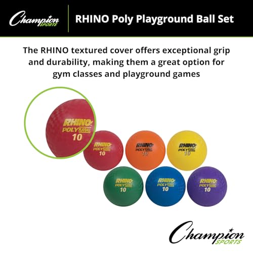 Champion Sports PX10SET Rhino Playground Ball Set, 10" Diameter, Rubber, Assorted, 6 Balls/Set (CSIPX10SET)