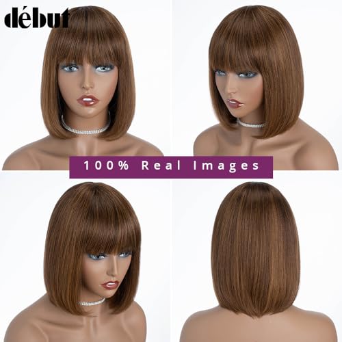 DÉBUT Short Bob Wigs with Bangs Human Hair Ombre Brown Glueless Non Lace Front Wigs Brazilian Virgin Remy Hair 10 Inches
