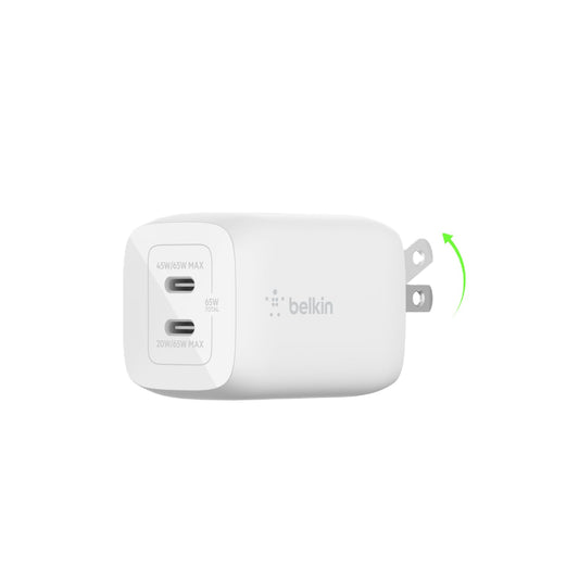 Belkin 65W Dual USB-C Wall Charger, Fast Charging Power Delivery 3.0 w/ GaN Technology for iPhone 16, 16 Pro, 16 Pro Max, 15, 14, Pro, Pro Max, Mini, iPad Pro 12.9, MacBook, Galaxy S24, & More - White