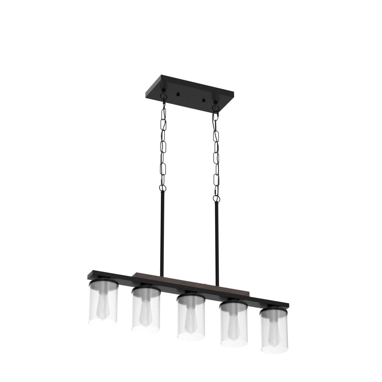 2025 Upgraded Kitchen Island Lighting, 5-Light Dining Room Light Fixtures Over Table Kitchen Island Lights with Rustic Wood Frame Farmhouse Chandelier for Dining Room, 32.4" Black Clear Glass Shades