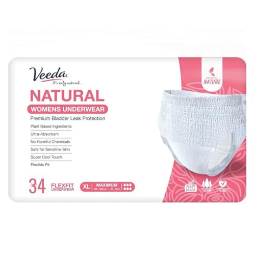 Veeda Natural Adult Incontinence Underwear for Women - Postpartum Underwear for Bladder Leakage Protection - Disposable Underwear with Maximum Absorbency - Extra Large Size - 34 Count