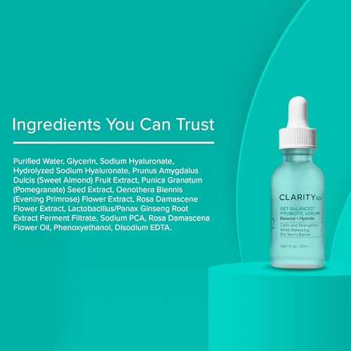 ClarityRx Get Balanced Probiotic Hydrating Face Serum, Natural Plant-Based Skin-Balancing Treatment with Hyaluronic Acid & Antioxidants for Normal & Aging Skin (1 fl oz)
