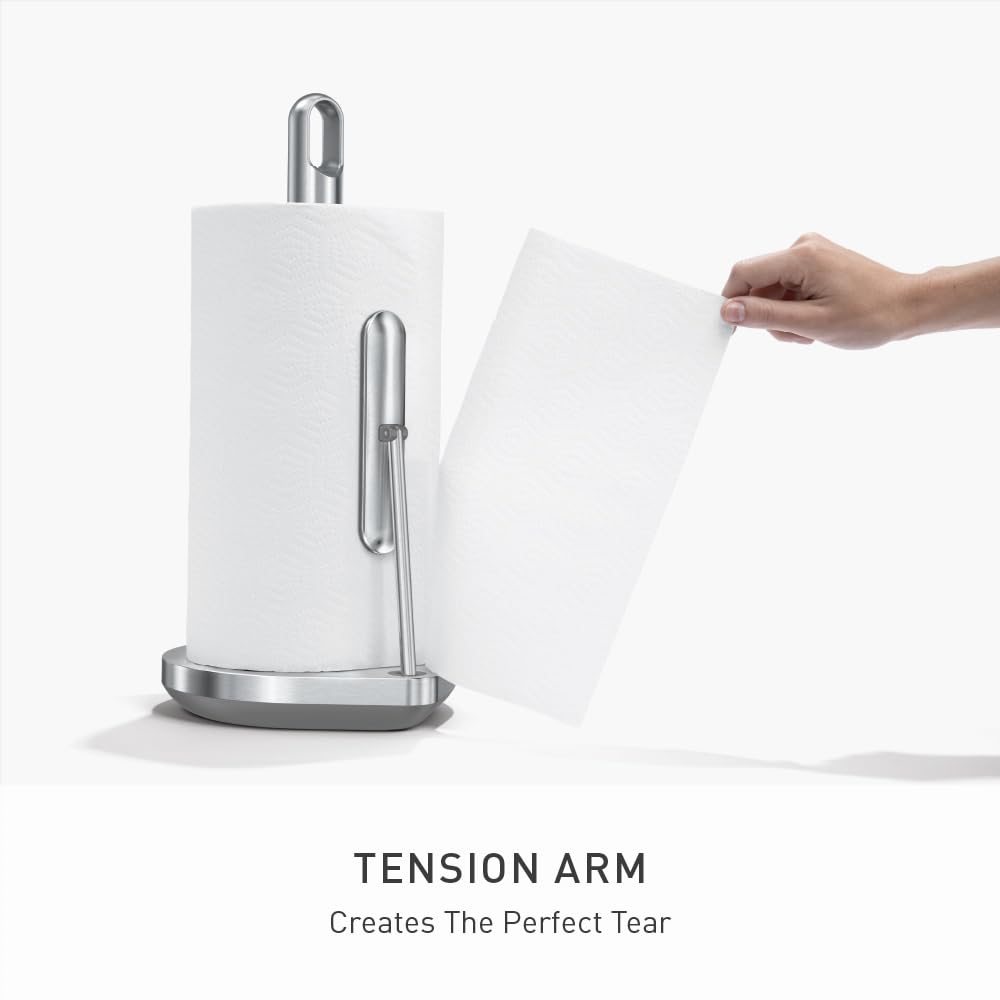 simplehuman Tension Arm Countertop Paper Towel Holder, Easy One-Handed Tear, Standing Weighted Base with Finger Loop, Heavy Duty, Brushed Stainless Steel