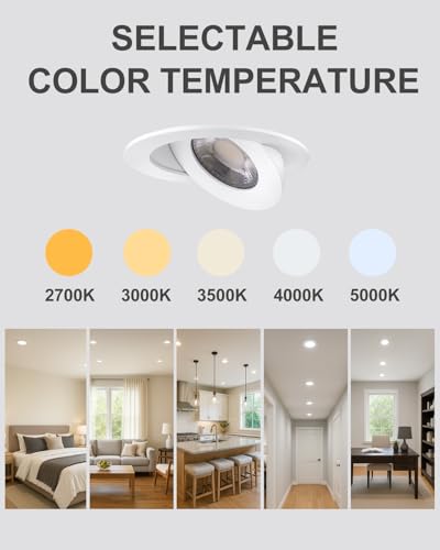 POPANU 4inch Gimbal LED Recessed Light Recessed LED 4 inch White Swivel Gimbal Canless Light 360° Rotation 90° Tilt 4" 9W Eyeball Lighting Dimmable Adjustable Can Spotlights 5CCT White 4 inch 6 Pack