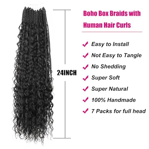 Boho Crochet Braids Human Hair Mixed 24 Inch Goddess Crochet Boho Box Braid with Human Hair Mixed Curls Bohemian Braids Crochet Hair for Black Women (24Inch,1B)