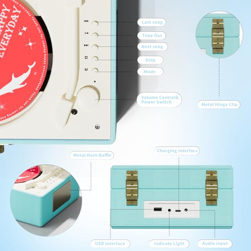 Yintiny Blue Time Music Box CD Player with Speakers for Home Decor