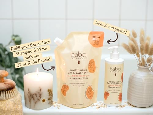 Babo Botanicals Moisturizing Oat & Calendula 2-in-1 Shampoo & Wash - for Dry or Sensitive Skin - for All Ages - Lightly Scented - Vegan - Refill pouch 32 fl.oz.