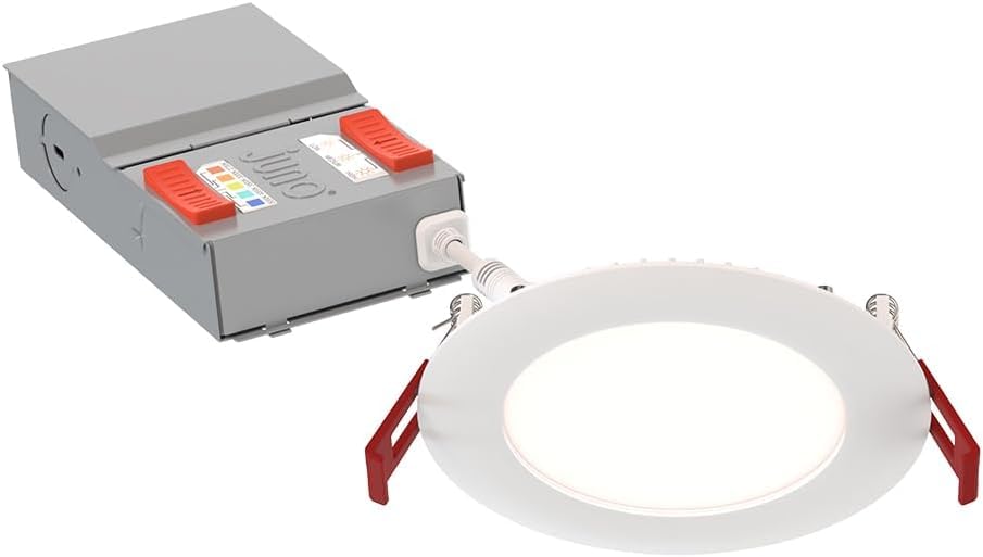 Juno LED Recessed Lights 4 Inch Round Baffle Wafer Downlight, 5-in-1 Switchable White Color Temperature, Adjustable Brightness, 120 Volts, 4-Inch Flat Trim, 6 Pack, Matte White