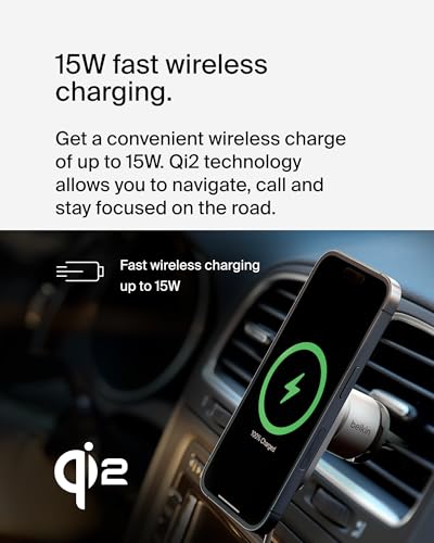 Belkin Wireless Car Charger 15W - MagSafe-Compatible Magnetic iPhone Charger - Qi2-Certified Wireless Charger, Magnetic Car Vent Phone Mount for iPhone 16, iPhone 15, iPhone 14, 13, & 12 Series - Grey