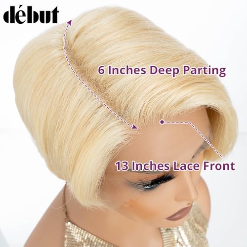 DÉBUT Human Hair Pixie Wig Side Part Lace Front Wigs with Side Fringe Swept Bangs Short Pixie Cut Wig 613 Color