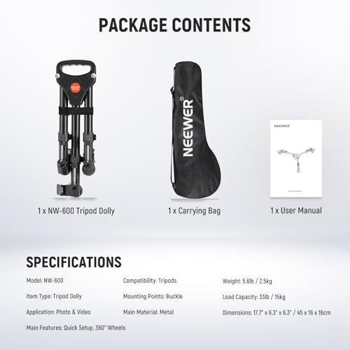 NEEWER Photography Tripod Dolly, Heavy Duty 50lbs Capacity Tripod Wheels with 3" Rubber Wheels for DSLR Cameras Camcorder Photo Video Lighting