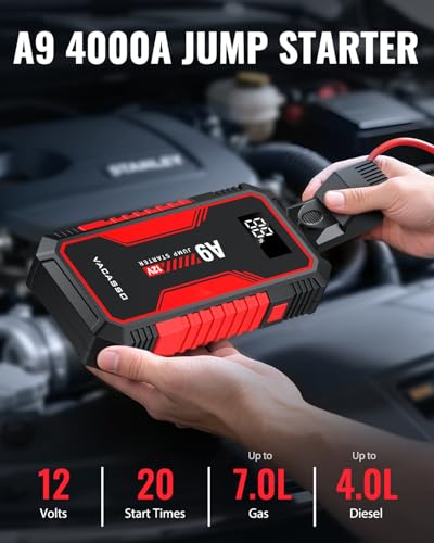 Jump Starter 4000A, VACASSO A9 Battery Jumper Starter Portable (7L Gas/4L Diesel), 12V Car Battery Booster Jump Starters Pack, Jumpstart with USB Ports, Jumper Cables, LED Light, Storage Case