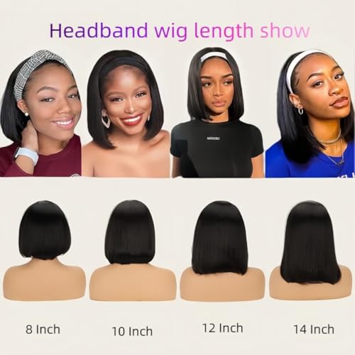Comfair Headband Wig Human Hair Bob Short Straight Human Hair Headband Wig Wear And Go Glueless Wigs 180% Density None Lace Natural Color Bob Short Human Hair Wigs for Black Women