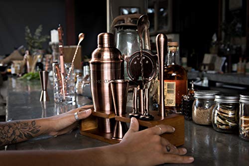 Mint & Mortar Cocktail Shaker Set, 7-Piece Bartender Kit with Stand, 24oz Martini Shaker Bottle Stainless Steel Bar Tools, Home Bar Accessories Drink Mixer, Barware Gift Set - Brushed Copper