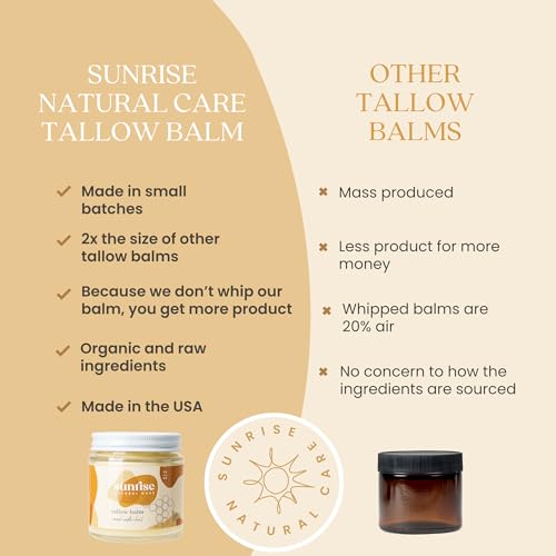 Sunrise Natural Care Honey and Tallow Balm - Body and Face Moisturizer - 100% Grass Fed Beef Tallow - 4 Ounces - Unscented (no essential oils)