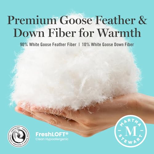 Martha Stewart Goose Feather Down Fiber Cotton Comforter Queen Size, Feather Duvet Insert Queen, Hotel Collection Hypoallergenic Comforter 80oz Extra Warmth 90 x 90 Inch White
