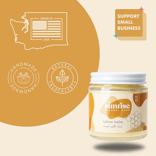 Sunrise Natural Care Honey and Tallow Balm - Body and Face Moisturizer - 100% Grass Fed Beef Tallow - 4 Ounces - Unscented (no essential oils)