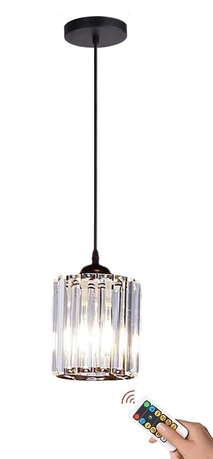 1 Pack Glass Pendant Light Battery Operated with Remote, Rechargeable Wireless Hanging Light Black, Battery Powered Pendant Lamp Small Crystal Glass Chandelier for Kitchen Dining Table Bedroom