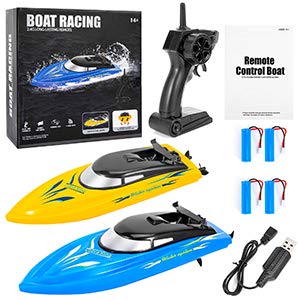 Lumiparty 2PACK RC Boat,Remote Control Boats for Kids and Adults,10km/H 2.4G High Speed Remote Control Boat,Fast RC Boats for Pools and Lakes with 4 Rechargeable Battery.(Blue+Yellow)