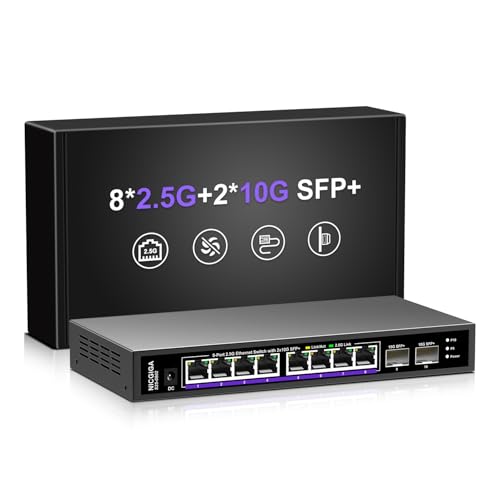 10 Port 2.5Gb Unmanaged Ethernet Switch with 8* 2.5G Base-T Ports + 2* 10G SFP+ Ports. NICGIGA 8 Port 2.5Gbps Network Switch for 2.5Gbps NAS/PC, WiFi6 Router, Wireless AP. Fanless Design.
